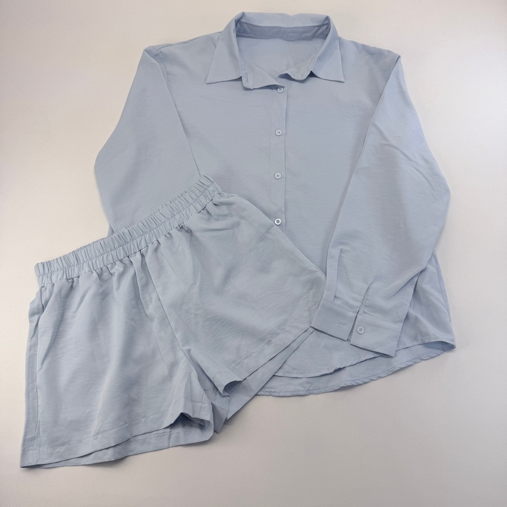 Light Blue 2 Piece Lounge Set Long Sleeve Button Down Shirt and Shorts XL